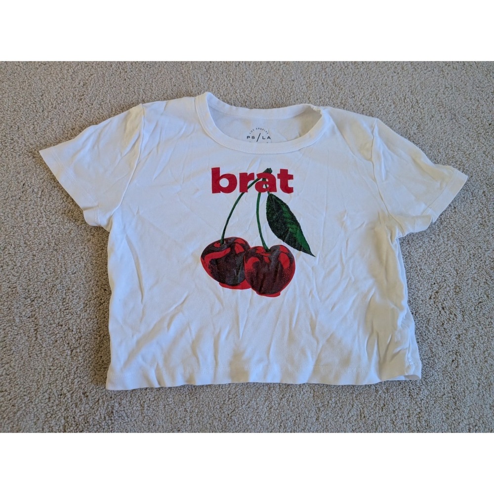 PacSun Brat Cherry Crop Top Shirt White Womens Medium Graphic Tee